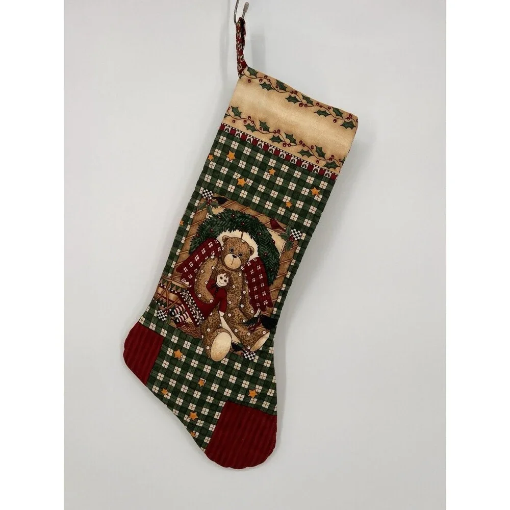 Handsewn Plaid Teddy Bear Christmas Stocking Doll Drum Country Cottagecore